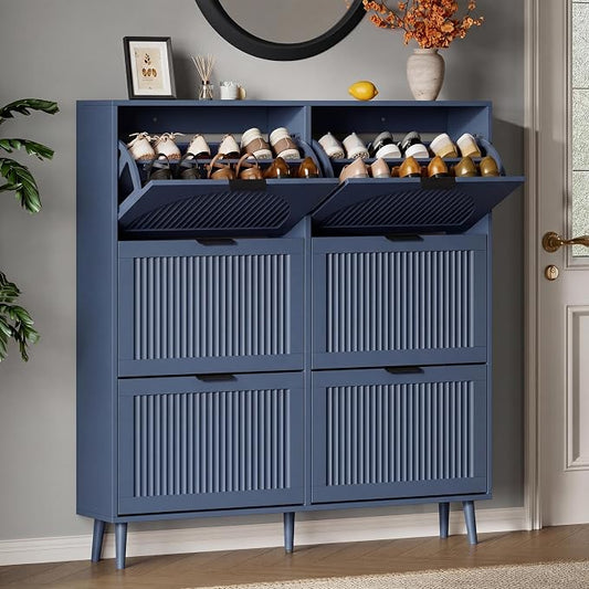 Xixini Shoe Storage Cabinet with 6 Flip Drawers, 50" Tall Narrow Wood Fluted Shoe Organizer for Entryway, Freestanding Wooden Hidden Slim Shoe Rack for Front Door Entrance, Hallway, Foyer, Navy Blue