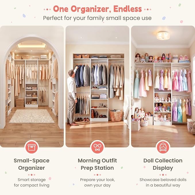 48" Small Closet System, Space-Saving Wall-Mounted Wardrobe Organizer, Mini Garment Rack for Narrow Spaces, Morning Outfit Prep Station & Nursery Dress-up Storage, White