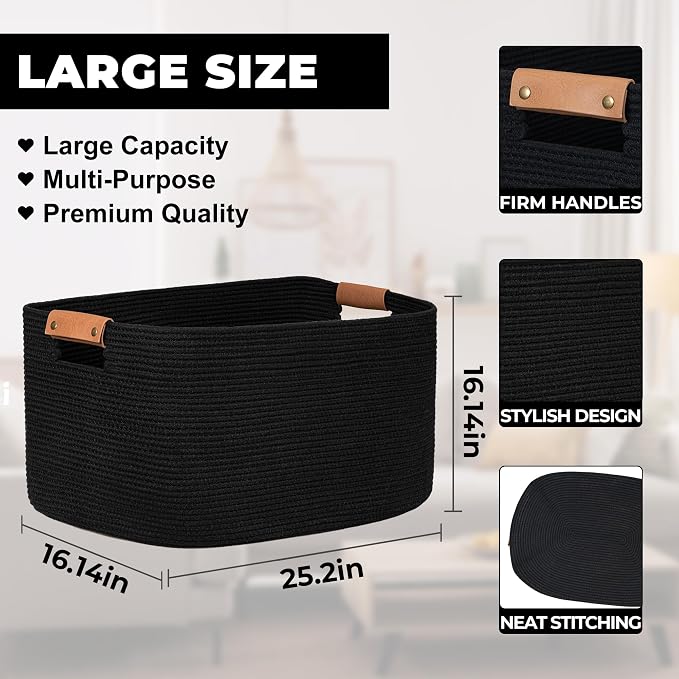 danpinera Large Woven Basket, 108 L Blanket Basket for Living Room, Nursery Bin for Toys Organizing & Laundry, Cotton Rope Hamper with Leather Handle, 25’’*16’’*16’’ Black