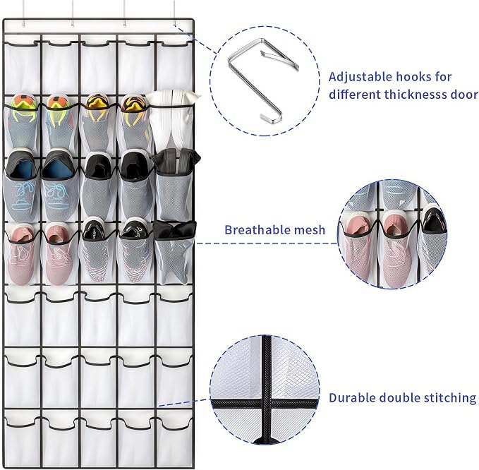 SAVERHO 35 Pockets Over the Door Shoe Organizer, Hanging Shoe Organizer for Door with 35 Mesh Pockets Large Capacity Shoe Hanging Storage Bag with 4 Metal Hooks (White-1Pack)