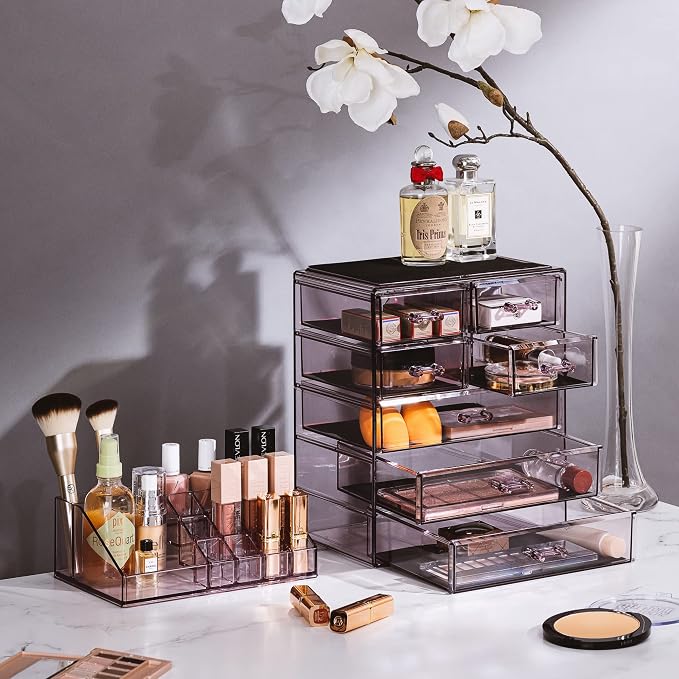 Sorbus Acrylic Makeup Organizer Set, 7-Drawer Vanity & Countertop Cosmetic Storage with Small & Wide Compartments, Purple Makeup Storage for Brushes, Jewelry – Holiday Gift for Women & Teens