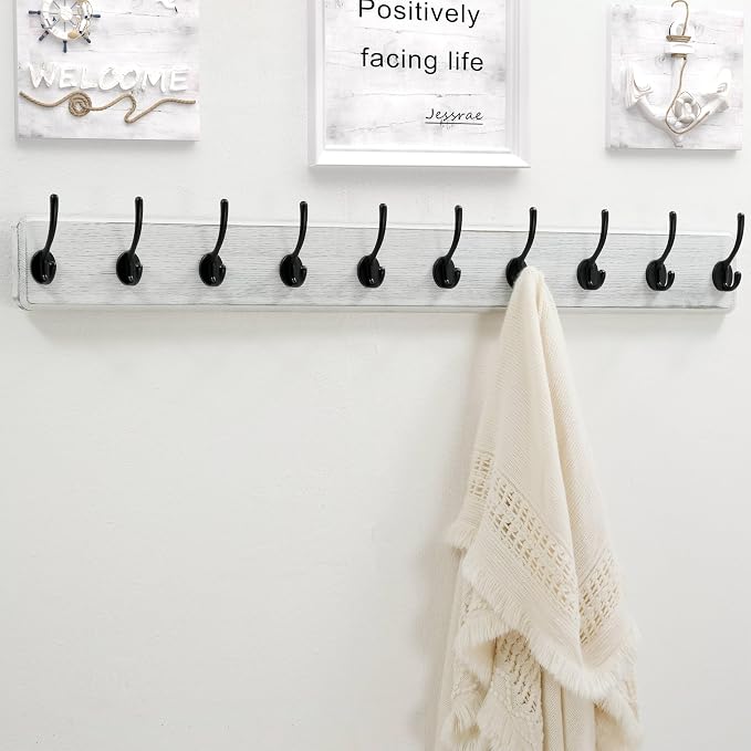 Coat Rack Wall Mount: 38-1/4" Long, Patented, Heavy-Duty, 10-Double-Hooks Wooden Hanger Rail for Winter Coats Hat Jacket Clothing, White & Black