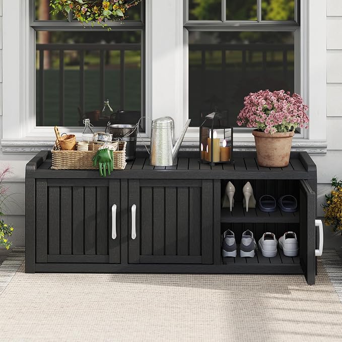 NUNU LAB Shoe Storage Cabinet, Waterproof Shoe Organizer with Adjustable Shelves, UV-Resistant Entryway Shoe Cabinet Bench with 3 Barn Doors for Indoor Outdoor, Foyer, Hallway, Living Room,Black