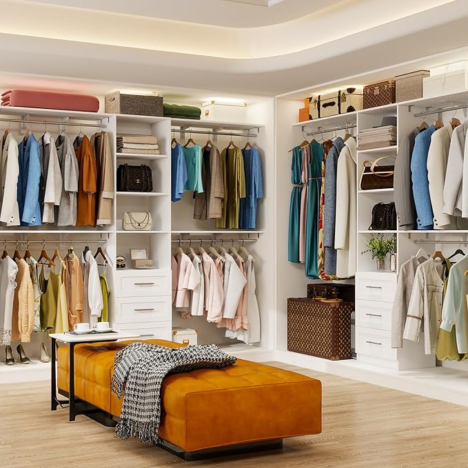 Closet System with Drawers, 5FT-8FT Closet Organizer System with Shelves & Expandable Hanging Rods, Walk in Storage Closet System Wood, White