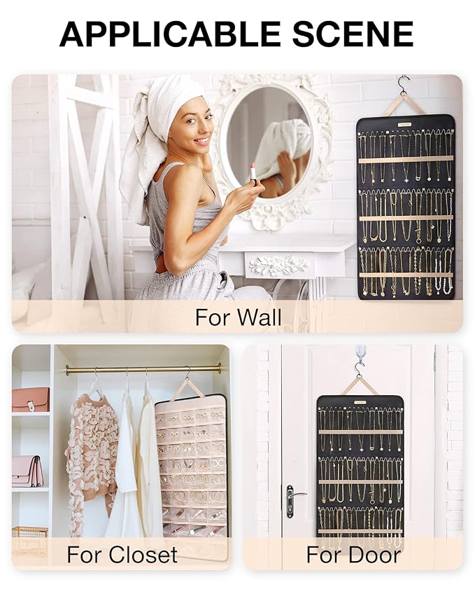 BAGSMART Hanging Jewelry Organizer Necklace/Earring/Ring 2-Sided XL Black | Jewelry Storage with Hanger Metal Hooks Double-Sided Jewelry Holder on Closet, Wall, Door