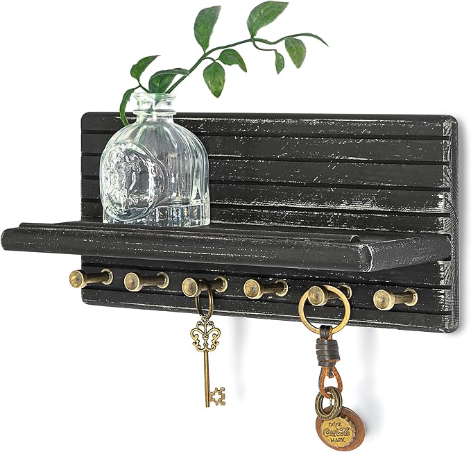 Rebee Vision Pine Key Holder Wall Mount for Home Decor, Old Black | Pine Wood, 6 Hooks, Key Holder for Wall, Floating Shelf, Mail Organizer, Hanging Accent, envelopes and Home Decor essentials