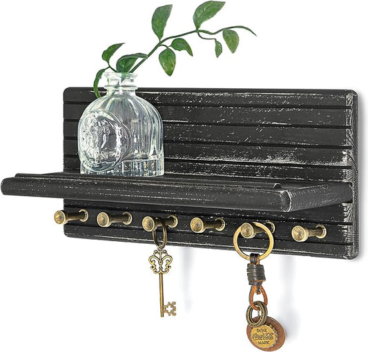 Rebee Vision Pine Key Holder Wall Mount for Home Decor, Old Black | Pine Wood, 6 Hooks, Key Holder for Wall, Floating Shelf, Mail Organizer, Hanging Accent, envelopes and Home Decor essentials