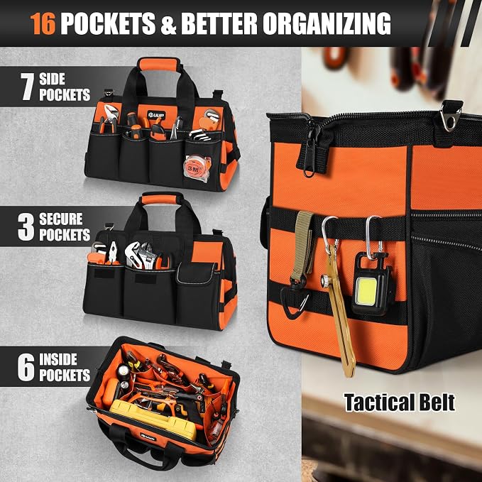 UUP 15" Heavy Duty Tool Bag, 16-Pocket Tool Box Organizer Orange | 16 Pockets & MOLLE. Detachable Strap & Handle. Non-slip Base, Metal Buckle. 30lb Holds Tools on Truck, Garage, Men Gift.