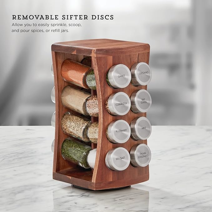 Kamenstein 16 Jar Hourglass Revolving Countertop Spice Rack with Spices Included, FREE Spice Refills for 5 years, Acacia with Stainless Steel Caps