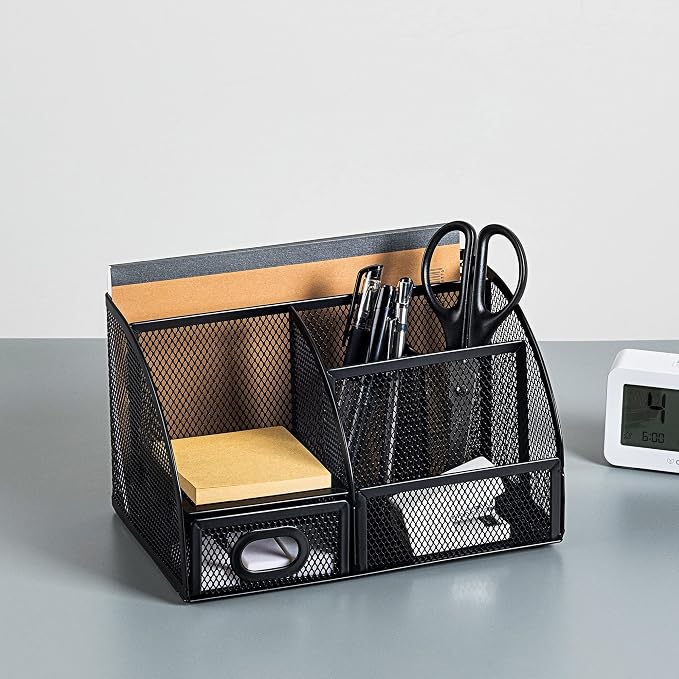 Amazon Basics Mesh Pen Holder and Desktop Desk Organizer, Office Caddy Storage for Writing Utensils, 9.1 x 5.9 x 5.5 inches, Black