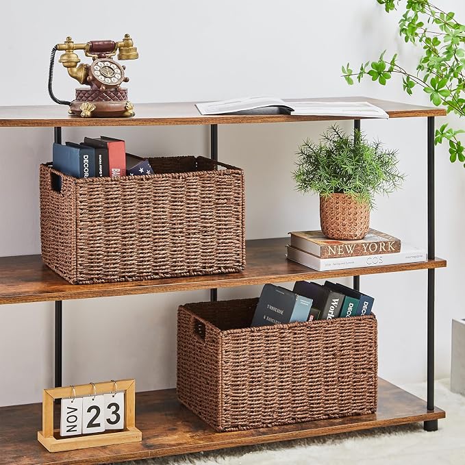 Vagusicc Wicker Storage Basket, Set of 2 Hand-Woven Paper Rope Wicker Basket, Small Storage Baskets for Organizing Toilet Paper, Foldable Large Cube Storage Organizer Baskets Bin for Shelves (Brown)