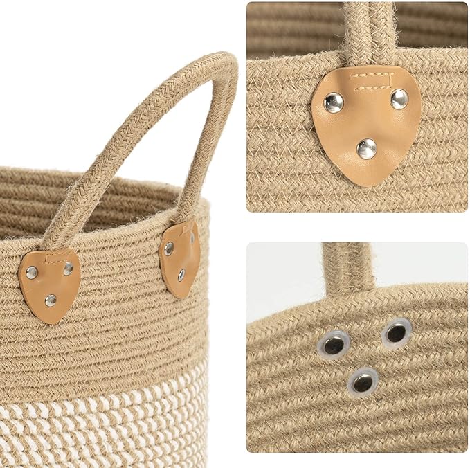 CHICVITA Wicker Storage Basket with Leather Handles, 14" x 12", White | Decorative Woven Basket for Toys, Shoes, Blankets & Laundry Storage, Living Room & Bedroom Organizer, Indoor Plant Basket