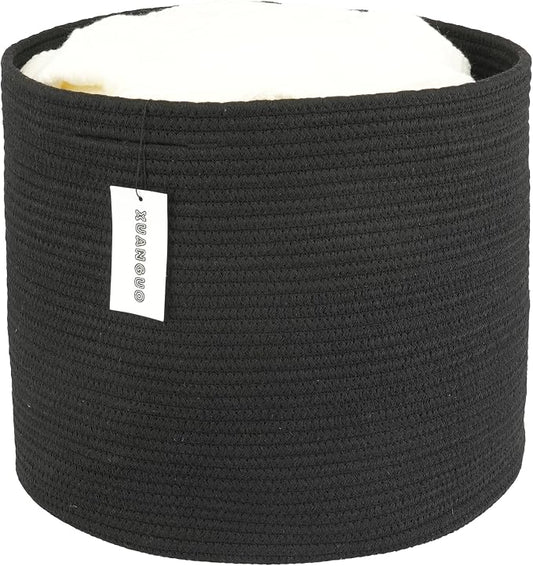 XUANGUO Cotton Rope Basket For Girls Boys Kids 16”X14” Black | Baby Laundry Baskets, Blanket Basket, Nursery Bin; Round Woven Basket Organizer for Toy Storage, Blankets, Shoes and Clothes