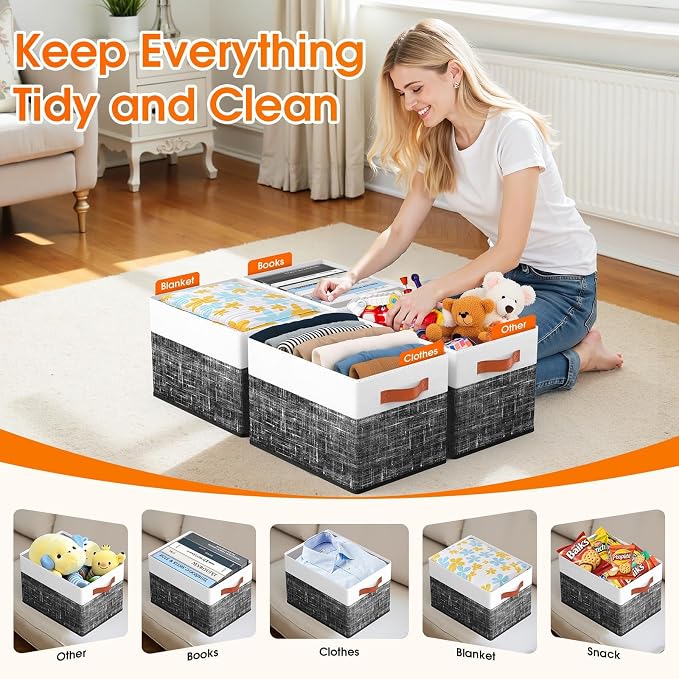 Fab totes Collapsible Storage Baskets for Shelves,14"x10", 6 Pack Foldable Fabric Storage Bins with Double Leather Handles, Large Baskets for Organizing Books, Clothes, White & Black