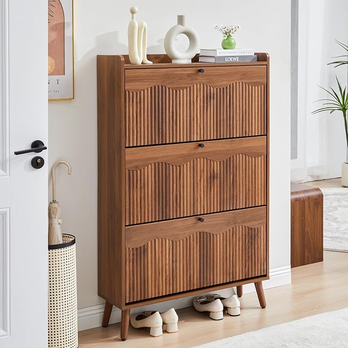 BERRYMERRY 51.2" Tall Shoe Storage Cabinet with 3 Flip Drawers for Entryway | narrow,entryway,adjustable feet,24 pairs shoe,shoe organize,hidden shoe rack,fluted panel,wave pattern,wood,space saving