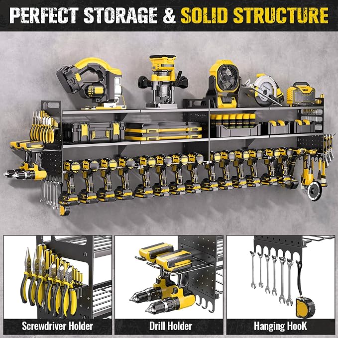 2 Pack Power Tool Organizer Wall Mount, 3-Layer,18 Drill Holders | Large 3-Tier Tool Storage Rack, Heavy Duty 600 lb Load Capacity for Garage Workshop, Black, Gift for Men