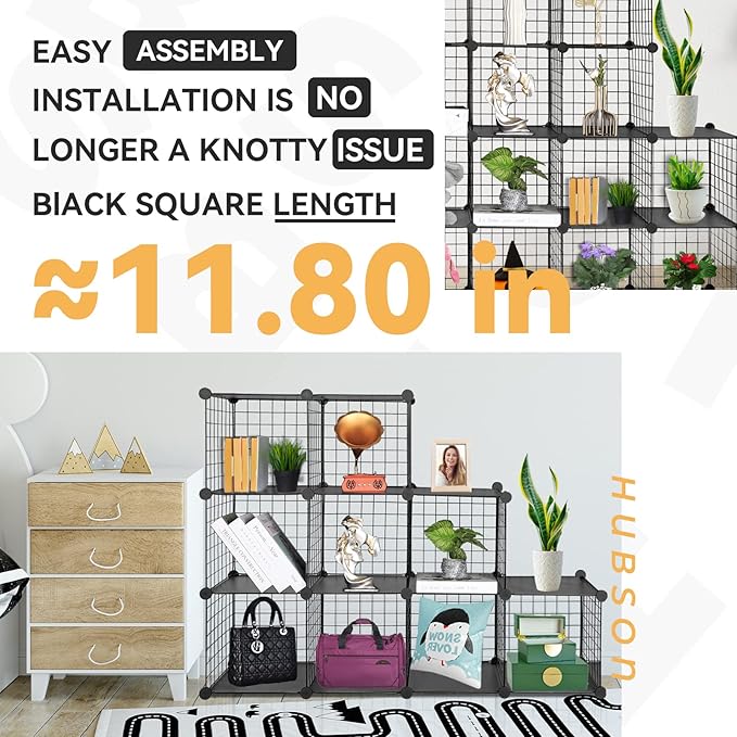 HUBSON Wire Cube Storage Organizer, Book/Toy/Craft/Potted Plants and petCloset Organizers and Storage Shelves, 25-Cube Freely Combinable Metal Grids Storage Shelf,Black Plus Iron