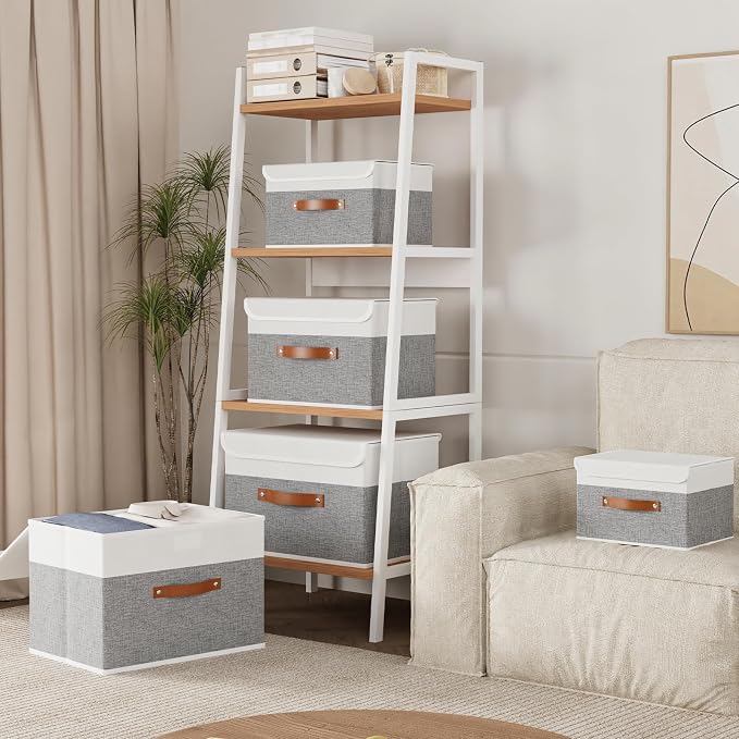 Yawinhe Collapsible Storage Boxes,White/Grey,10.2x7.9x6.7in,1-Pack | Fabric Storage bin with Lids, Washable Cube Organizer Basket; Container with Leather Handle,Closet Organizer for Home
