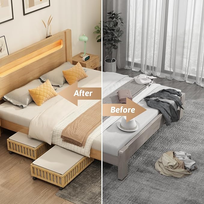 MHXW SXPN 2 Pack Bamboo Under Bed Storage Containers with Wheels, Nature | Underbed Drawer Storage with Bag, Wood Rolling Underbed Organizer for Shoes, Sheets Clothes Blanket Comforter, Under Crib Toy