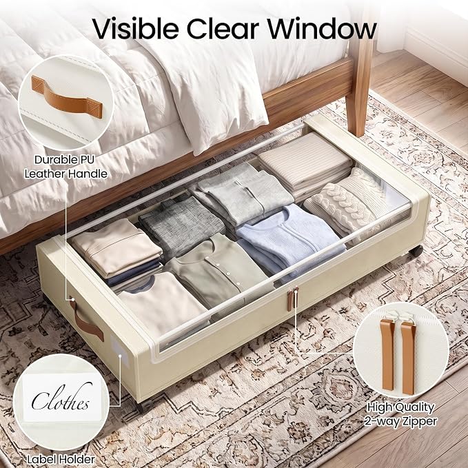 Yecaye 70L Large Under Bed Storage Containers with Wheels, 2 Pack, Beige | Larger Capacity, 360° Rolling Wheels, Clear Window & Label, Sturdy Fabric, Rolling Metal Drawers for Clothes, Shoes, Blankets