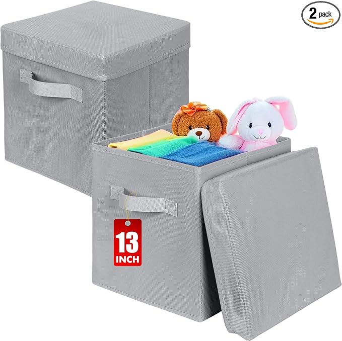 ShellKingdom Storage Bins, Foldable Fabric Storage Cube with Lid for Closet | Clothes Storage Organizer Drawer For Closet Toys Storage, 13 X 13 X 13 INCH, 2 Pack (Grey)