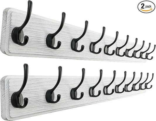 SKOLOO Rustic Wall Mounted Coat Rack, Case of 2, Pine Solid Wood Coat Hook Hanger - 10 Hooks for Hanging Clothes Robes Towels Coats