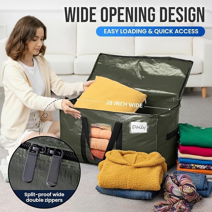 TAILI 10 Pack Green Extra Large Storage Bags, Heavy Duty Totes with Visible Window, Wrap Around Handles, Perfect for Moving