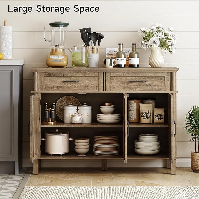 48 Inch Buffet Cabinet with Storage, Farmhouse Sideboard Buffet w/2 Drawers and 3 Doors, Coffee Bar Cabinet with Adjustable Shelves, Sideboard Storage for Kitchen, Living Room, Washed Grey