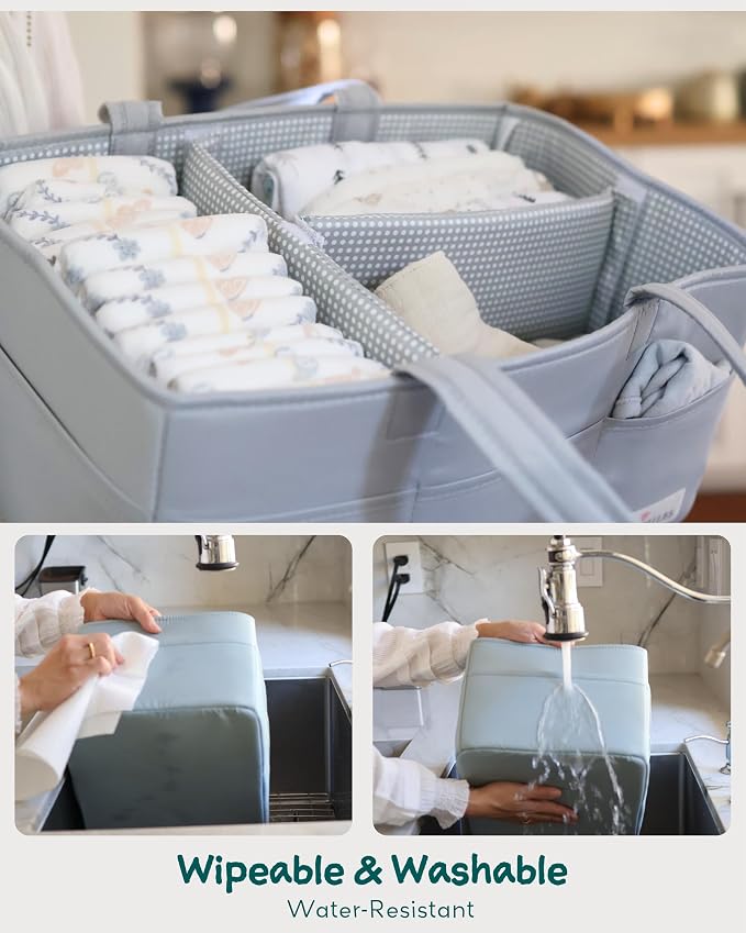 Diaper Caddy Organizer with 8 Pockets, Wipeable Baby Caddy Basket for Diapers and Wipes, Baby Registry Favorites, Nursery Tote Bag for Changing Table or Car (Heather Grey, Large)