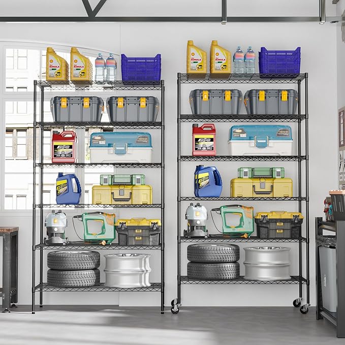 FDW | 6-Tier Wire Storage Shelves with Wheels | 45"x18"x82" | Black | Adjustable Racks | Heavy-Duty Metal Shelf, Holds Upto 2100 lbs | Tool-Free Assembly, Rust-Resistant | for Home & Garage Shelving | Storage Shelves with Adjustable Racks, Holds upto 5...