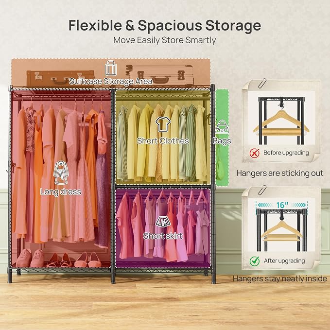 SINGAYE Heavy Duty Portable Closet Metal Clothes Racks Wardrobe with Shelf | Armoire Garment Rack Coat Rack with Adjustable Shelves Organizer and Storage for Hanging Freestanding Clothes Clothing Black