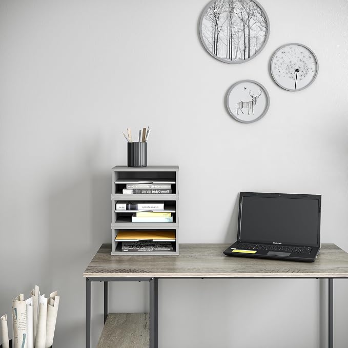 Ballucci File Organizer, 2-Tier Document Paper Sorter, Stackable Wood Desk Organizer Mail Holder, Monitor Stand with Storage Shelves, Gray