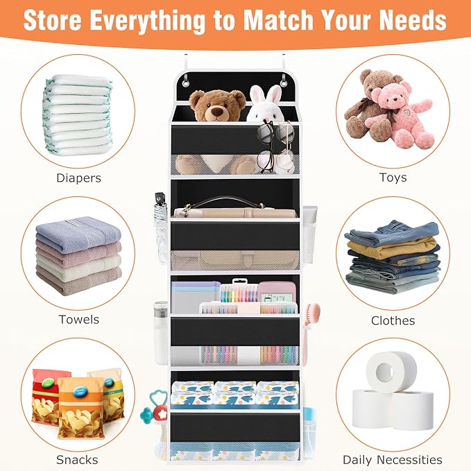 Over The Door Organizer Storage Large Capacity Hanging Bedroom Storage | 4 Shelves, 40 LB Capacity, Foldable Mesh Design, Clear Window, Sturdy, Large Storage Organizer for Nursery, Pantry & Closet