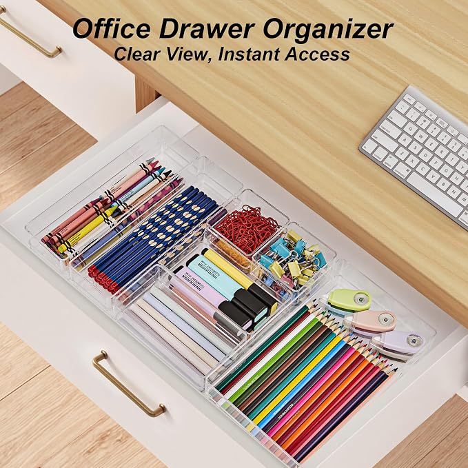 SMARTAKE 25 PCS Drawer Organizer, 4-Size Desk Drawer Organizer Trays | Storage Tray with Non-Slip Silicone Pads for Makeup, Jewelries, Utensils in Bedroom Dresser, Office and Kitchen (Clear)