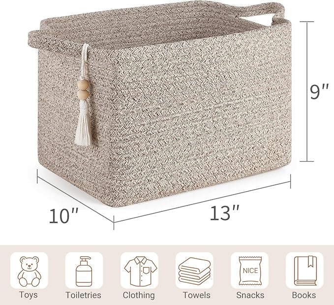 Mkono Woven Storage Basket, Cube Cotton Rope Basket for Shelves, 13"x10"x9" | Organizes Shoes Clothes Toys Towels Books, Gift Basket, Wooden Beads Tassel, Rectangle Bin, Fits Entryway Bedroom Living Room