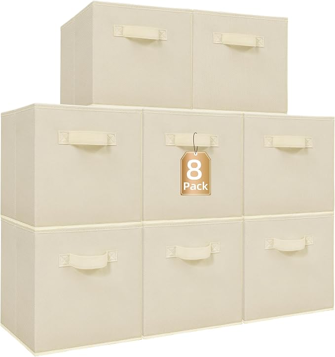 STORAGE MANIAC Storage Cubes, 11 Inch Collapsible Storage Bins with Handles, 8 Pack Fabric Foldable Bins for Organization, Durable Storage Bins for Closet, Shelves, Offices, 8-Pack Beige