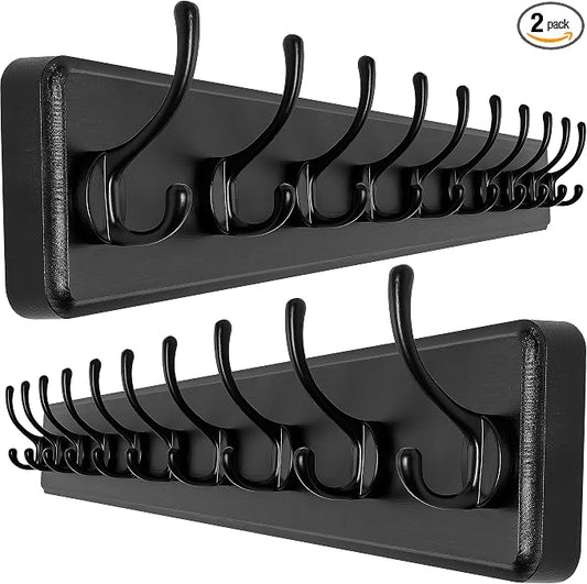 SKOLOO Rustic Wall Mounted Coat Rack, Case of 2, Pine Solid Wood Coat Hook Hanger - 10 Hooks for Hanging Clothes Robes Towels Coats