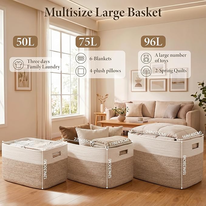 96L XL Large Cotton Rope Basket, Soft Toy Storage Bin for Nursery & Living Room, Decorative Blanket Basket for Bedroom, Baby-Safe Organizer for Pillows &Laundry, 24''×16''×15'', Brown & White