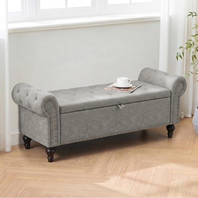 51" Storage Bench for Bedroom, Upholstered Ottoman Bench, Leather LightGray | End of Bed Bench for Bedroom, Window Benches for Living Room, Entryway, Ottoman with Large Storage Space, Pet Friendly