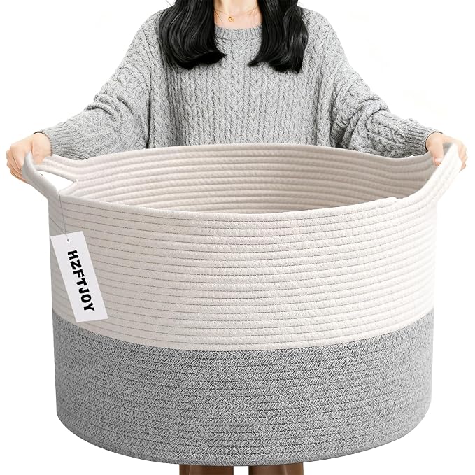 90L Extra Large Blanket Basket,Woven Rope Laundry Basket-White&Grey | Collapsible, reinforced handles, nursery storage bin organizes clothes, toys and pillows for living room, bedroom bathroom