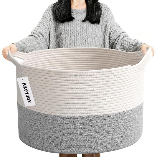 90L Extra Large Blanket Basket,Woven Rope Laundry Basket-White&Grey | Collapsible, reinforced handles, nursery storage bin organizes clothes, toys and pillows for living room, bedroom bathroom