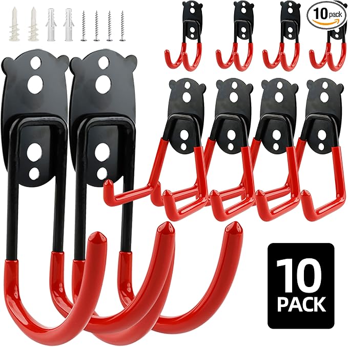 Garage Hooks Heavy Duty, Large Curved Hooks Set Wall Mount, Anti-Slip PVC Coated Steel Utility Storage Organizer for Hanging Ladders, Bikes, Garden Tools and Hoses 10 Packs