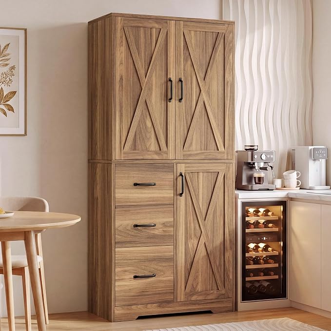 IRONCK Pantry Cabinet, Storage Cabinet with 3 Door & Drawer, Oak Brown | Adjustable Shelf. 67.5inch Tall. 5 Tier Freestanding. 150 lbs Per Shelf. Farmhouse Style. FSC-certified Wood. Anti-tip.