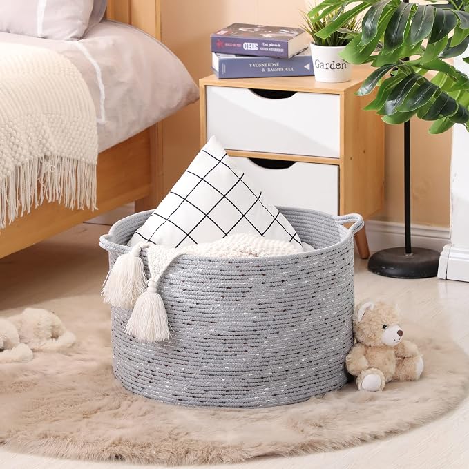 KAKAMAY Large Blanket Basket (20"x13"),Woven Baskets for storage Baby Laundry Hamper, Cotton Rope Blanket Basket for Living Room, Laundry, Nursery, Pillows, Grey with Blue & Brown Dotted | Extra Large Capacity | Natural Cotton Rope | Blanket Storage | ...