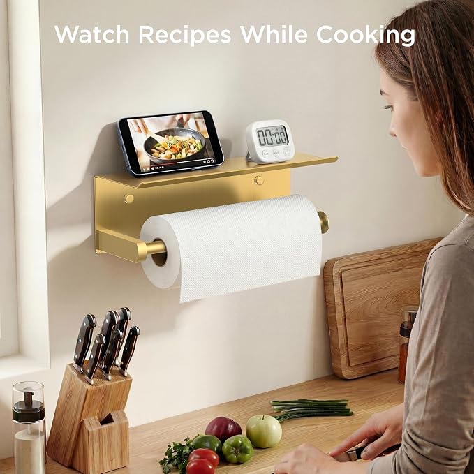 FORIOUS Wall Mount Paper Towel Holder with Shelf for Kitchen, Brushed Gold | Heavy Duty SUS304 Stainless Steel Paper Roll Organizer with Storage Spice Shelf, Screw-in for Bathroom, RV & Garage