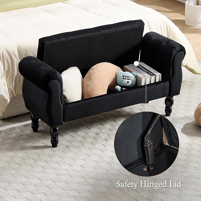 47″ Storage Bench with Arms End of Bed Bench,Velvet Entryway Bench with Storage, Button Tufted Upholstered Ottoman Bench Wood Legs, Window Sitting Bench for Bedroom/Living Room/Hallway, Black
