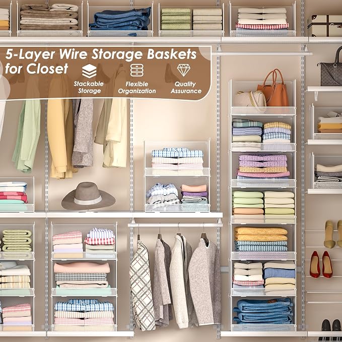 Tiaoheka 5-Tier Stackable Closet Organizers and Storage, Metal Wire Storage Shelves for Closet, Mesh Closet Shelves and Storage Bins for Clothes, Sweaters and Handbags