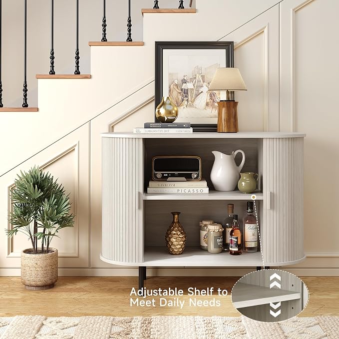 40" Sideboard Buffet Cabinet with Storage, Storage Cabinet with Sliding Door & Adjustable Shelf, Modern Accent Coffee Bar Console Table for Kitchen, Entryway, Natural White