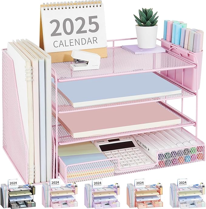 OPNICE Desk Organizer, 4-Tier Desktop File Organizer with Drawer and Pen Holders, Office Desk Accessories, File Sorters, Workspace Organizers for Office Supplies(Pink)