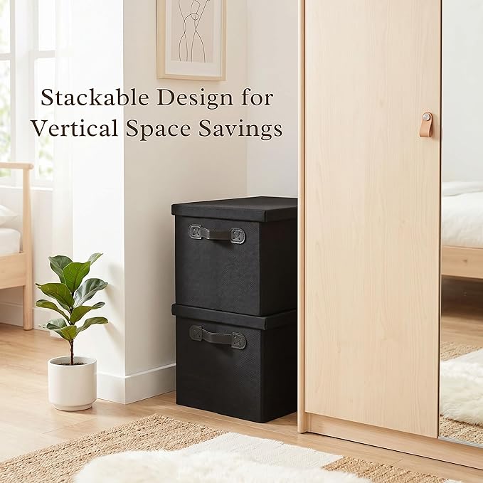 Fabric Storage Bins with Lids, Heavy Duty Collapsible Organizer Bins for Shelves, Stackable Closet Woven Baskets with Handles, 25L Rectangle Boxes for Bedroom Office, Cube Home Decor (Black 2 Pack)